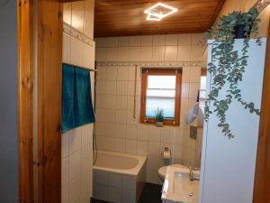 Badzimmer mit Waschbecken, Badewanne/Dusche, Toilette, Handtuchhalter